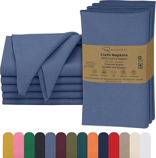 Ruvanti Cloth Napkins Set of 6, 18x18 Inches, 100% Cotton, Washable, Soft & Absorbent, Perfect for Wedding, Christmas, ‎Thanksgiving Dinners - Bijou Blue