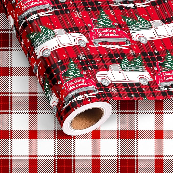 Vnaaem Funny Christmas Wrapping Paper Roll for Adult Men Women - Red Black Buffalo Plaid Xmas Truck Crushing Christmas Gift Wrap Sheets for Holiday, Baby Shower, Party Supplies(Total 28.5sq.ft)