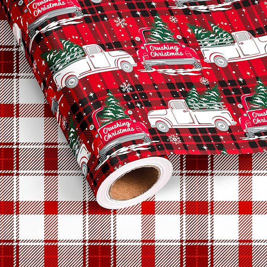 Vnaaem Funny Christmas Wrapping Paper Roll for Adult Men Women - Red Black Buffalo Plaid Xmas Truck Crushing Christmas Gift Wrap Sheets for Holiday, Baby Shower, Party Supplies(Total 28.5sq.ft)