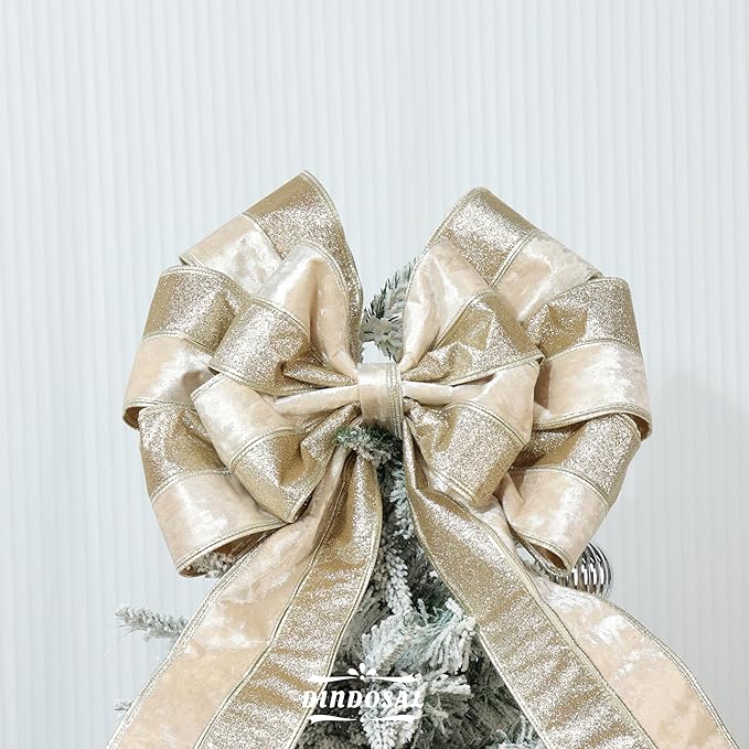 Champagne Velvet and Glitter Wired Christmas Ribbon 4 Inch – 10-Yards Roll for Tree Decorations, Gift Wrapping, Wreaths, and DIY Crafts