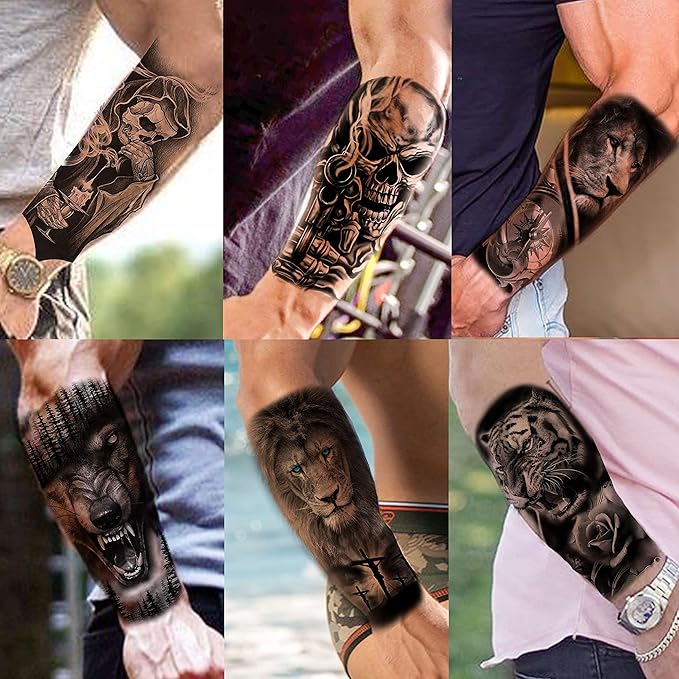 69 Sheets 3D Realistic Tiger Lion Temporary Tattoos For Women Forearm Men Arm, Half Sleeve Wolf Owl Skull Skeleton Waterproof Fake Tattoos For Adults Thigh, Black Animal Bulk Tattoo Sticker