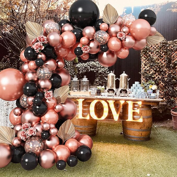 Rose Gold and Black Balloon Arch Kit, 102pcs Matte Black and Metallic Pearl Rose Gold Confetti Latex Balloons Garland Kit for Women Girls Birthday Baby Bridal Shower Wedding Party Decorations Supplies
