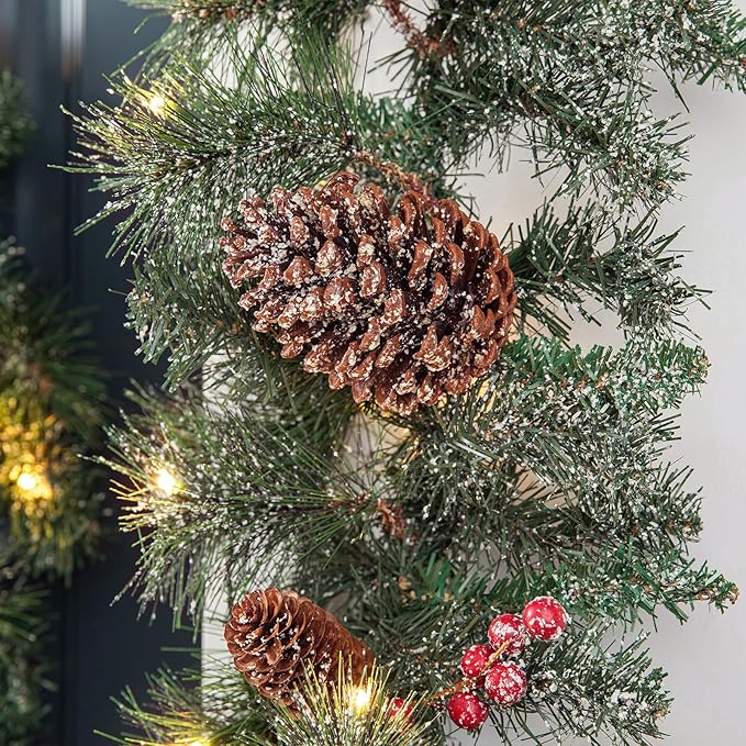 Glitzhome 9ft Prelit Christmas Garland, Glittered Greenery Garland Artificial Pine Garland with Pine Cones Berries, Christmas Garland with Lights and Timer for Mantle, Fireplace, Stairs Decorations