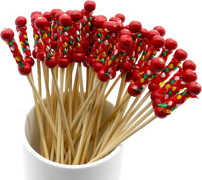 PuTwo Cocktail Picks Handmade Toothpicks 4.7” 100ct Red Beads with Rope