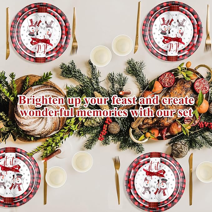 250 Pcs Christmas Snowman Paper Plates and Napkins Party Supplies Red Black Buffalo Plaid Winter Disposable Tableware Set for Christmas Winter Holiday Xmas Party Decoration