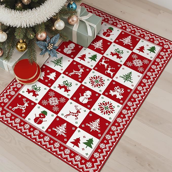 Christmas Rug 2x3 Washable Rugs for Entryway Bedroom, Christmas Home Decor, Holiday Print Carpet, Low Pile Non Slip Mat with Rubber Backing, Red White Checkerboard