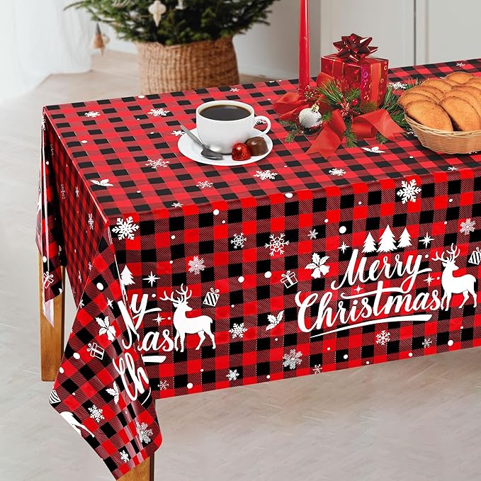 Mornajina 4 Pack 108 x 54 Inch Buffalo Plaid Plastic Tablecloths Rectangle Disposable Xmas Tablecloths Christmas Table Cover for Christmas Party Decoration