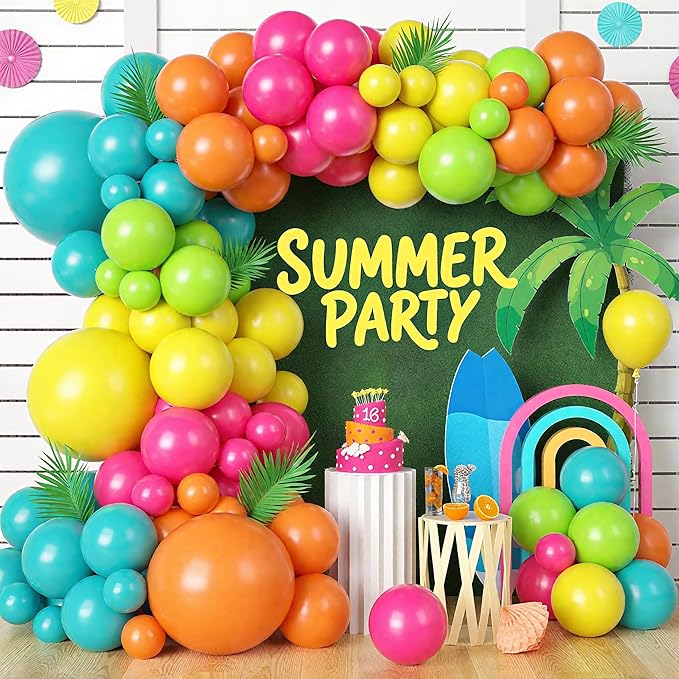 120 Pcs Summer Tropical Balloon Arch Kit, Hot Pink Green Orange lime Green Teal Blue Yellow Latex Rainbow Balloon Garland Kit for Hawaiian Luau Aloha Birthday Baby Shower Pool Party Decorations