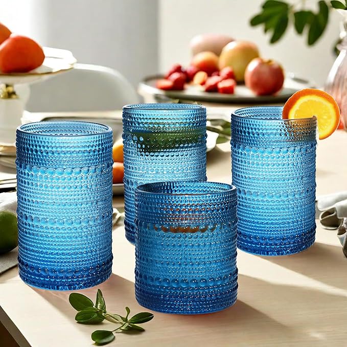 Vintage Hobnail Driinking Glasses Set, Glassware Drinking Set of 8, 12 oz Highball Glasses & 10 oz Cocktail Glasses, Tumbler Glasses for Cocktails, Whiskey, Juice, Milk