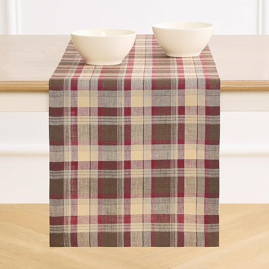 Solino Home Fall Table Runner 48 Inches - 100% Pure Linen Rustic Multicolor Tartan Plaid Table Runner 14 x 48 Inch Ideal for Dresser and Coffee Tables - Autumn, Thanksgiving