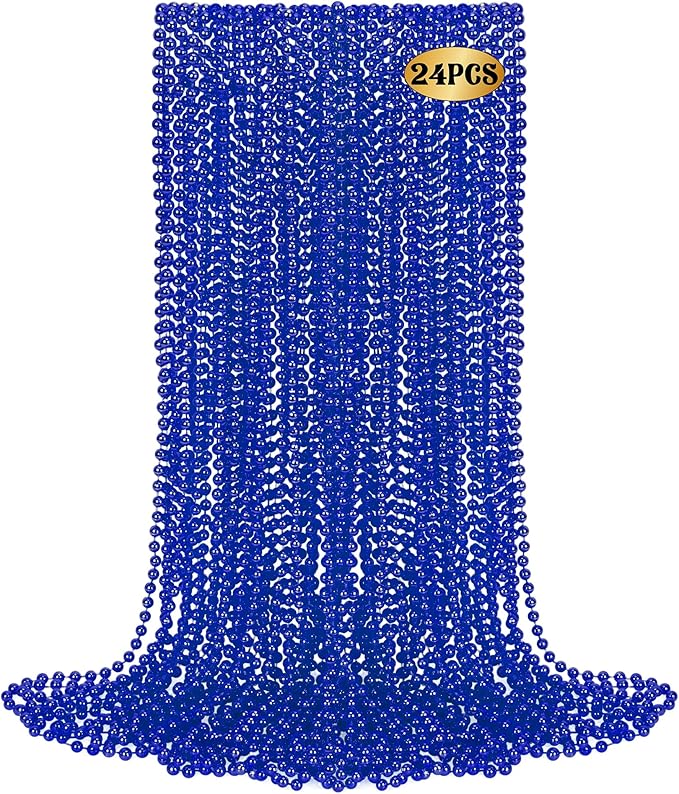 24 PCS Blue Mardi Gras Beads Necklaces, 33" Metallic Patriotic Carnival Beaded Necklaces, 4th of July Costume Necklaces, Mardi Gras Accessories for Gender Reveal Parade Throws Party Decorations