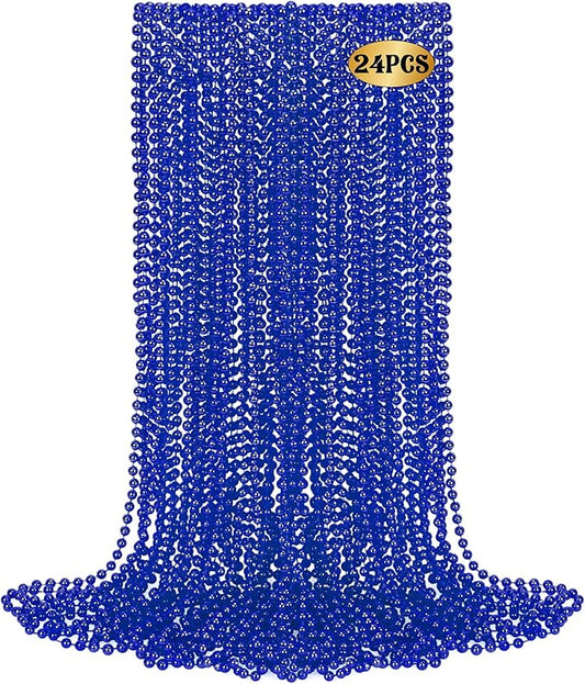 24 PCS Blue Mardi Gras Beads Necklaces, 33" Metallic Patriotic Carnival Beaded Necklaces, 4th of July Costume Necklaces, Mardi Gras Accessories for Gender Reveal Parade Throws Party Decorations
