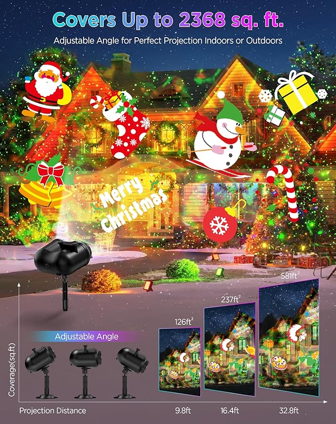 Christmas Projector Lights Outdoor Waterproof, 10 Slides x 8 Bright HD Patterns, Firefly & Ocean Wave Effects, Timer Snowflake Light Projector for House Yard Xmas New Year Valentine’s Thanksgiving