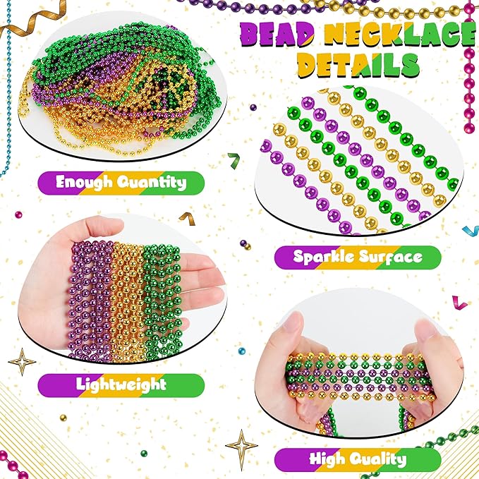 24 PCS Mardi Gras Beads Necklaces, 33" Green Purple Gold Metallic Costume Accessories Bulk, Party Beads Carnival Parade Throws, Round Beaded Necklaces for Baby Shower Decorations Party Favors