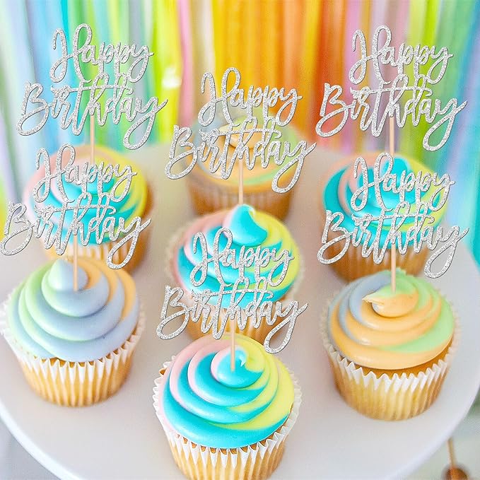 24 PCS Glitter Cupcake Toppers - Silver Happy Birthday & Anniversary Picks