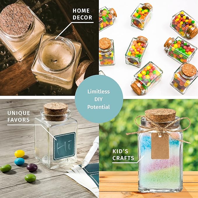 Otis Classic Square Glass Jars with Lids - Set of 12 Mini Glass Jars with Corks for Wedding & Party Favors, DIY Crafts, Potions, Spices & Candy, 3.4 oz