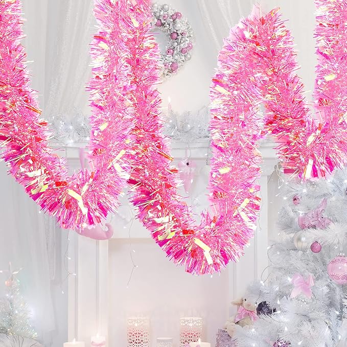Dilunave 40 Feet Christmas Tinsel Garland Metallic Foil Twist Tinsel Garland Decoration for Christmas Tree, Wedding, Birthday and Party Hanging Decorations(Pink, Rainbow)