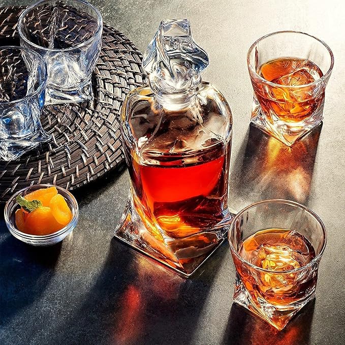 Whiskey Decanter Glasses Set Lead-Free Crystal Glass Scotch Tasting Cups Wine Bottle for Drinking Irish Whisky Bourbon Tequila tumbler (Twist, 1 Decanter & 6 Glasses Set)