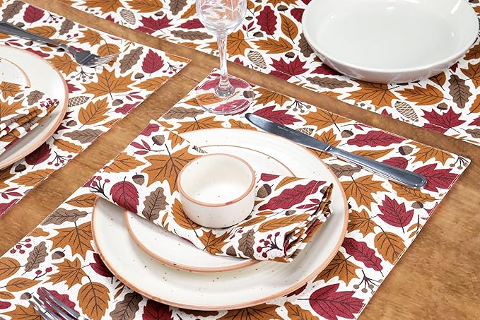 PurpleEssences Fall Harvest Decor Thanksgiving Napkins, 18x18 Fall Cloth Napkins Set of 6, 100% Cotton Autumn Leaves Dinner Napkins for Farmhouse Kitchen, Fall Garden