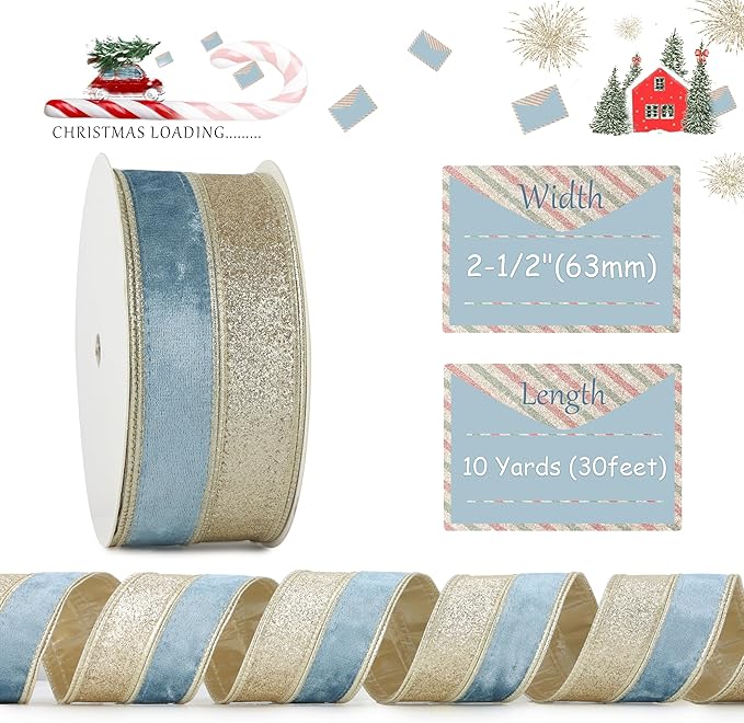 Dusty Blue Velvet Wired Christmas Ribbon 2.5 Inch Blue and Gold Glitter Holiday Ribbon – 10-Yards Roll for Tree Decorations, Gift Wrapping, Wreaths, and DIY Crafts