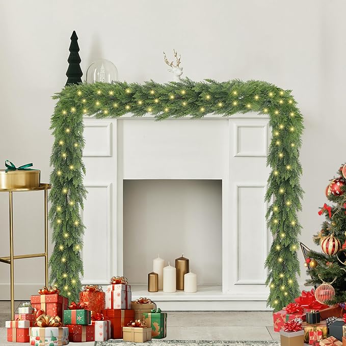 6FT Christmas Cedar Garland with Light, Lighted Real Touch Cedar Garland, Artificial Greenery Garlands for Table Fireplace Wall Stairs Door Xmas Decor