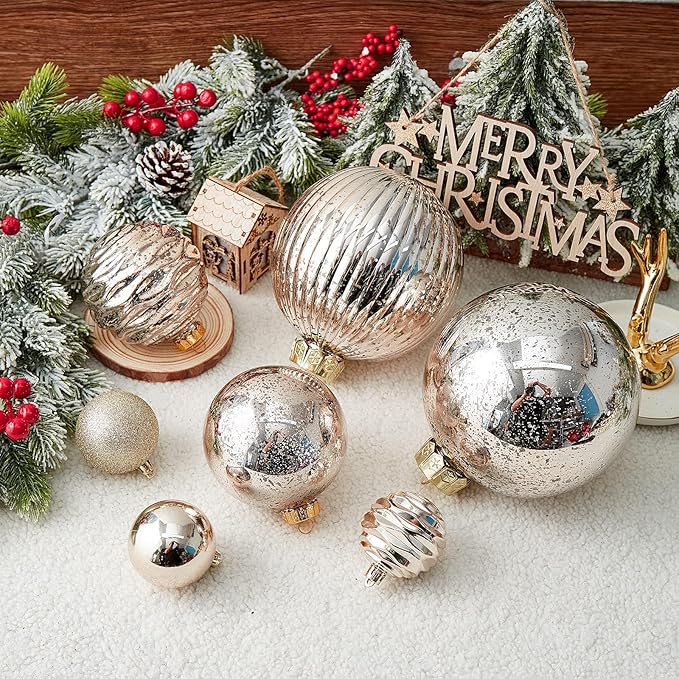 Large Christmas Ball Ornaments, Oversized Shatterproof Plastic Decorative Hanging Mercury Ornaments Ball for Xmas Holiday Party Decorations (Champagne, 6.0")