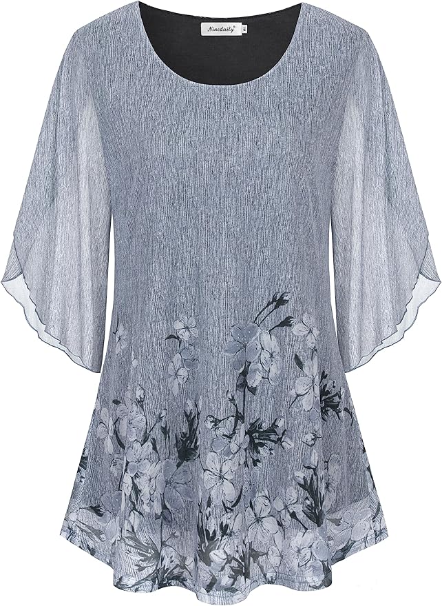 Ninedaily Women's Tops 3/4 Sleeve Blouses Dressy Casual Double Layers Mesh Tunic Shirts