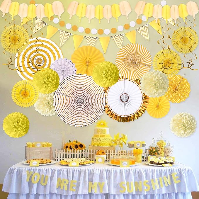 Moon Boat 35PCS Party Decorations Paper Fan Hanging Set - Birthday,Baby Shower,Lemon,Sunflower Theme Decor (Yellow)