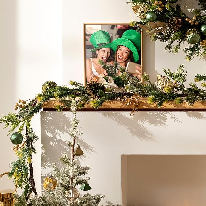 Decorbyhannah Green Gold Christmas Garland with Ornaments, 9ft Christmas Garland with Lights for Mantle, Battery Operated Xmas Garlands for Home Decorations