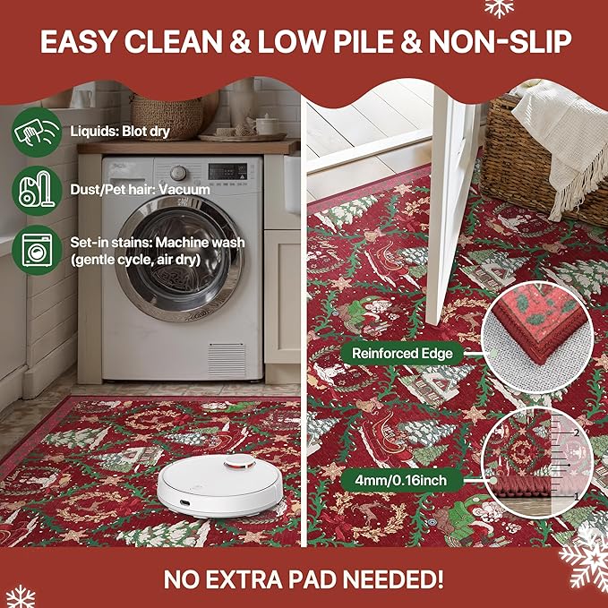 Christmas Area Rug 3x5 for Living Room, Washable Rug for Bedroom, Christmas Home Decor, Holiday Print Carpet, Low Pile Non Slip Mat with Rubber Backing, Crimson Christmas Tale Pattern