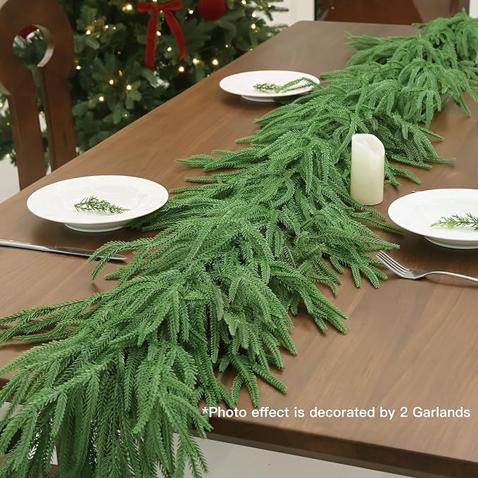 Senjie Christmas Garland Norfolk Pine Garland Real Touch Artificial Greenery Garland for Mantle Fireplace Table Indoor Outdoor Holiday Decortions 9FT 4PCS