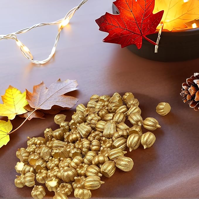 100Pcs Mini Pumpkins for Crafts, Small Pumpkin in Bulk, Gold Decorative Pumpkins, Artificial Tiny Resin Miniature Pumpkin for Decorating, Home Decor, Fall, Thanksgiving, Halloween