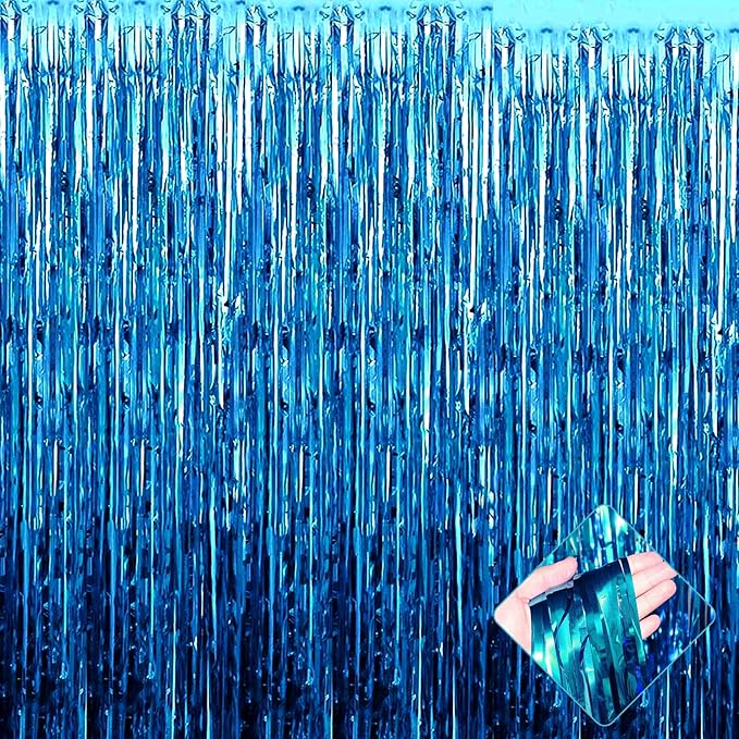 4 Pack Lake Blue Foil Fringe Curtain Backdrop, 3.2Ft x 9.8Ft Metallic Tinsel Foil Fringe Streamers Curtains for Party, Photo Booth Props, Birthday, Wedding, Christmas Party Decoration Supplies