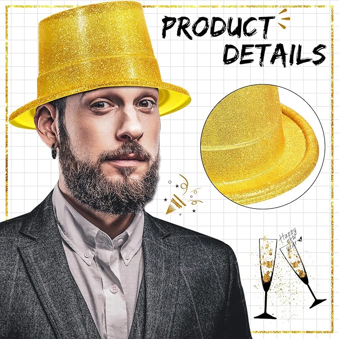 Hillban 50 Pack Glitter Top Hats Bulk Happy New Year Shiny Magician Top Hat for Adults Costume Party