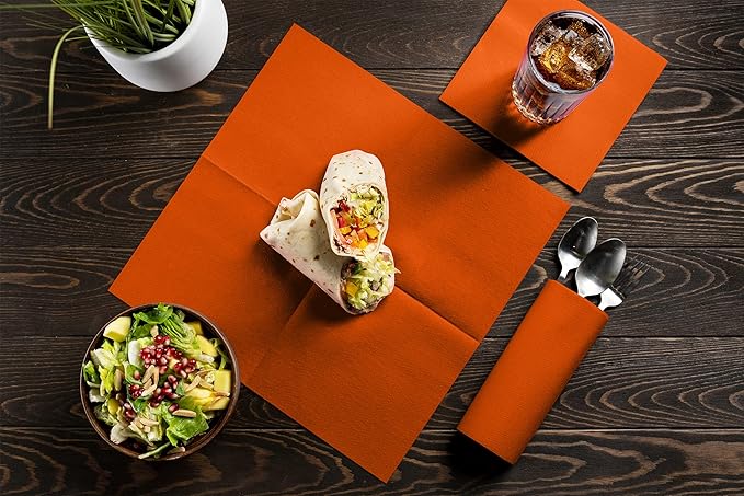 Linen-Feel Colored Paper Napkins - Decortive Cloth-Like ORANGE Luncheon Napkins - Soft And Absorbent. For Kitchen, Party, Wedding, Dinner Or Any Occasion. (Pack of 50)