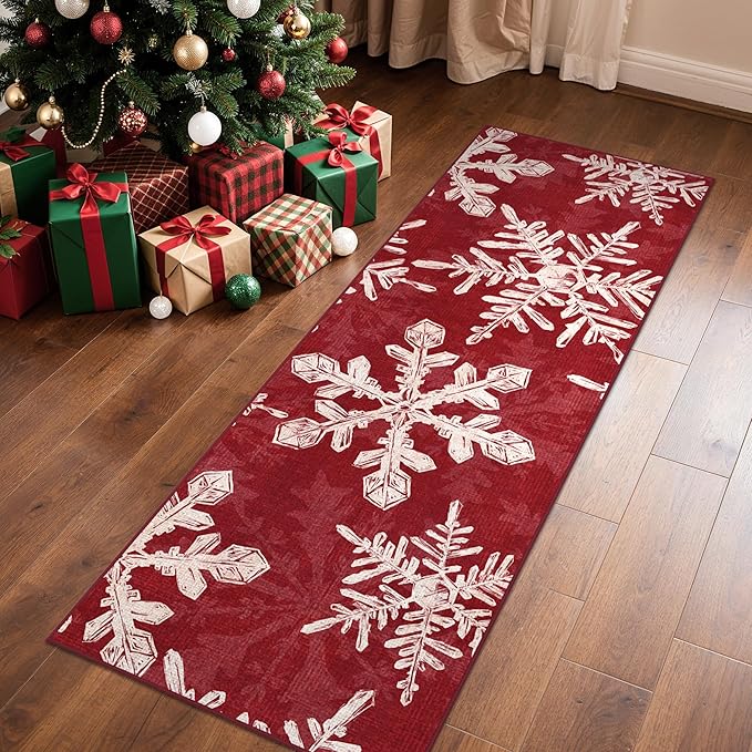 Christmas Runner Rug 2x6 Washable Rug for Hallway Kitchen Bedroom, Christmas Home Decor, Holiday Print Carpet, Low Pile Mat with Non Slip Backing, Snowflake