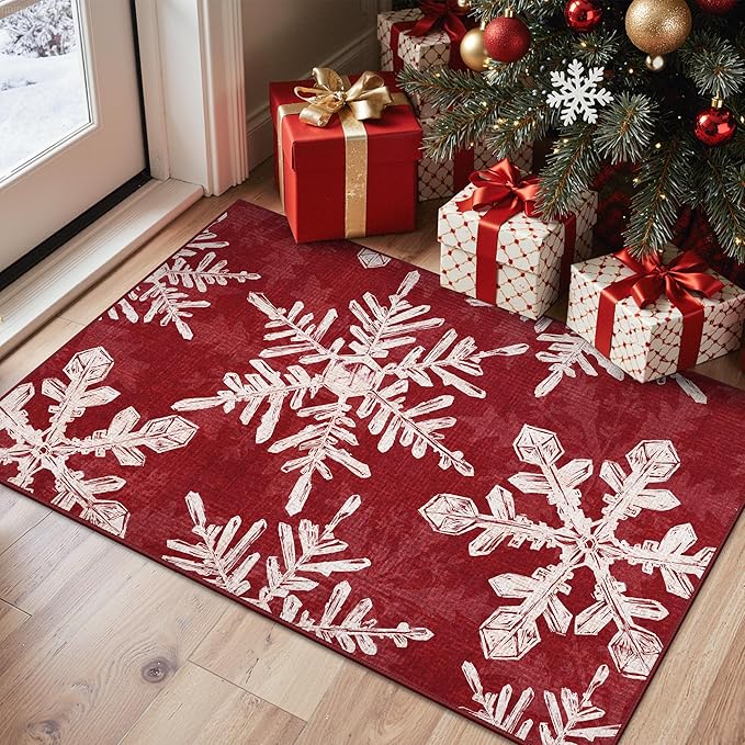 Christmas Rug 2x3 Washable Rugs for Entryway Bedroom, Christmas Home Decor, Holiday Print Carpet, Low Pile Non Slip Mat with Rubber Backing, Snowflake