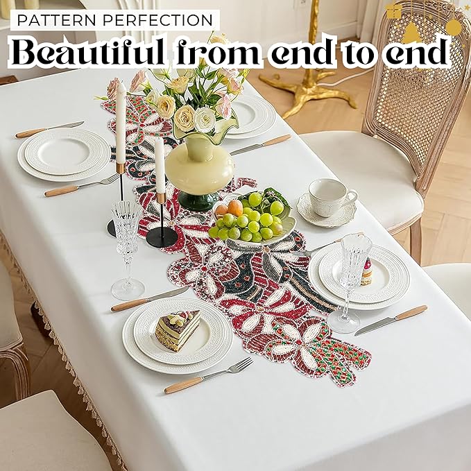 Christmas Beaded Table Runner 13x36 - Handcrafted Beaded Table Ruuners, Perfect for Weddings, Festive Celebrations, Dining Tables, Home Décor, and Everyday Use (Red White) - CLEENTABLE
