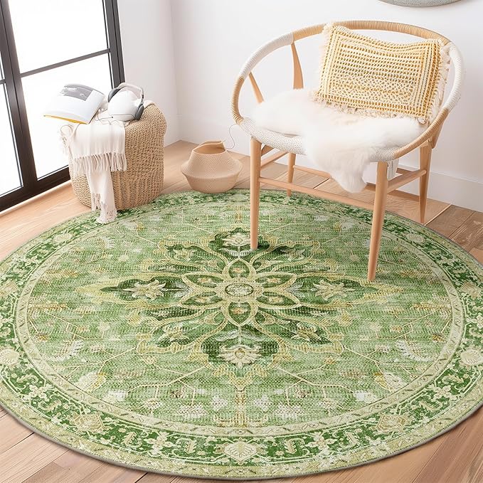 Area Rugs 4ft Washable Non-Slip, Floral Vintage Distress Print Pattern Medallion Carpet for Living Room Bedroom Dining Room, Sage Green Yellow