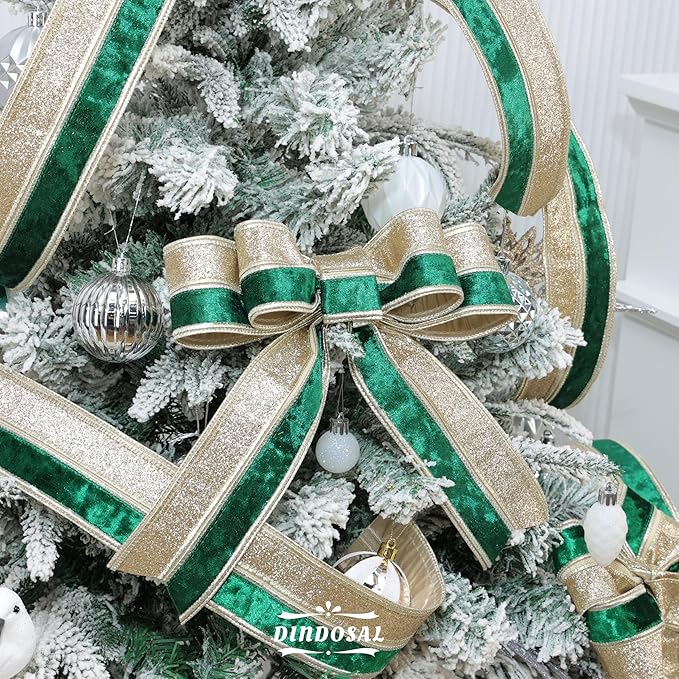 Dark Green Velvet Wired Christmas Ribbon 2.5 Inch Green and Gold Glitter Holiday Ribbon – 10-Yards Roll for Tree Decorations, Gift Wrapping, Wreaths, and DIY Crafts