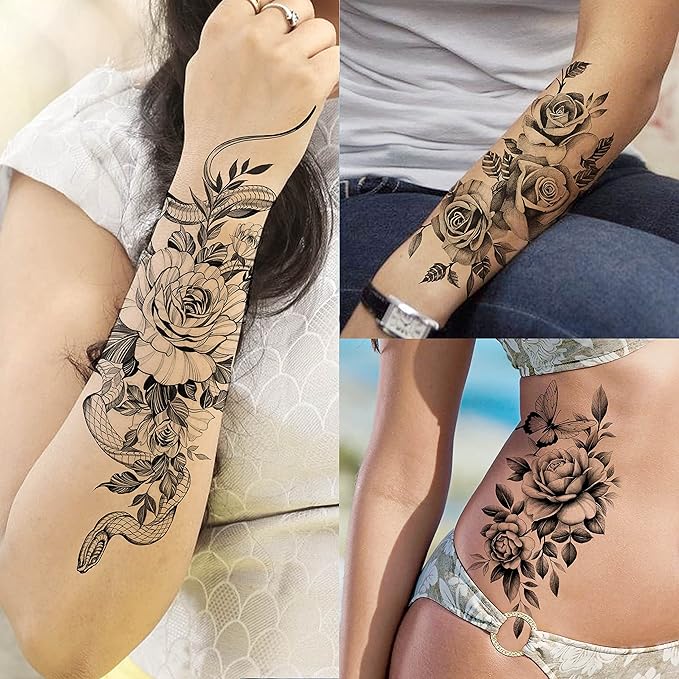 65 Sheets Black Realistic Flower Temporary Tattoos For Women Arm Thigh, 3D Fake Tattoos That Look Real And Last Long, Temp Rose Sketch Moon Snake Peony Floral Tattoo Stickers For Adults Girls
