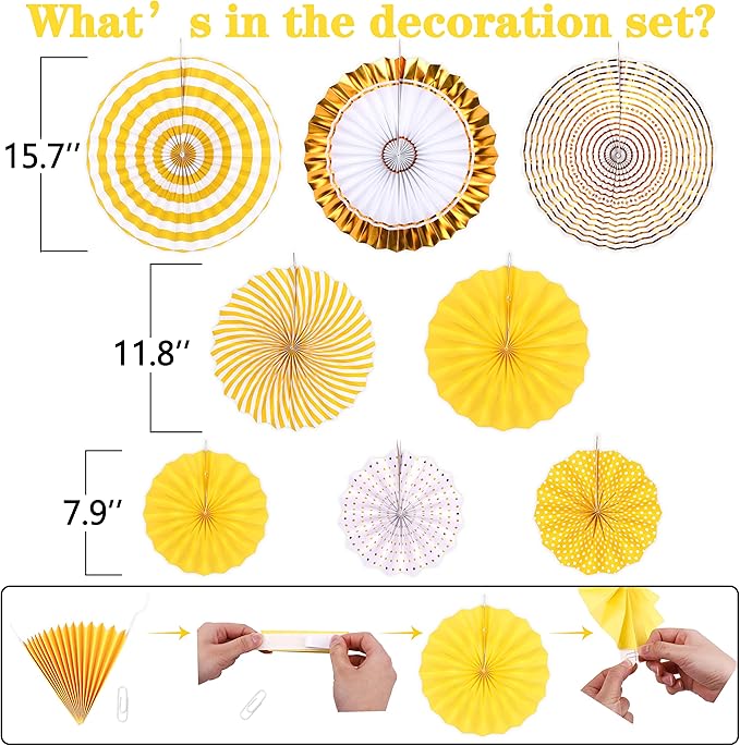 Moon Boat 35PCS Party Decorations Paper Fan Hanging Set - Birthday,Baby Shower,Lemon,Sunflower Theme Decor (Yellow)