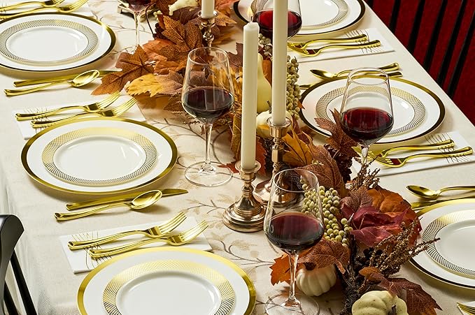 By Madee High End Thanksgiving Disposable Dinnerware Set - 175 Pcs 25 Guests – White & Gold Plastic Plates, Cutlery Linen Feel Napkins - Elegant and Effortless for Fall Holiday Hosting