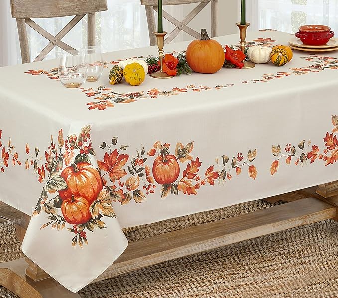 Lintex Thanksgiving Traditions Autumn Harvest Bordered Tablecloth, Fall Leaves and Pumpkin Patch Border Print Easy Care Fabric 52In x 70In Oblong/Rectangle, Oblong/Rectangle