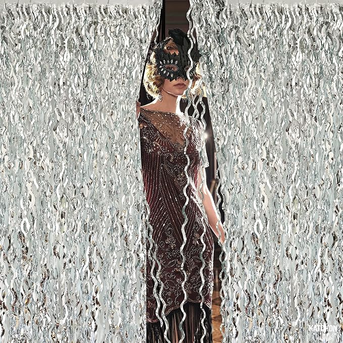 KatchOn, XtraLarge Wavy Silver Backdrop Curtain - Pack of 2 | Silver Streamers Backdrop for Disco Party Decorations | Fringe Curtains for Engagement, 25th Anniversary, 25th Birthday Decorations