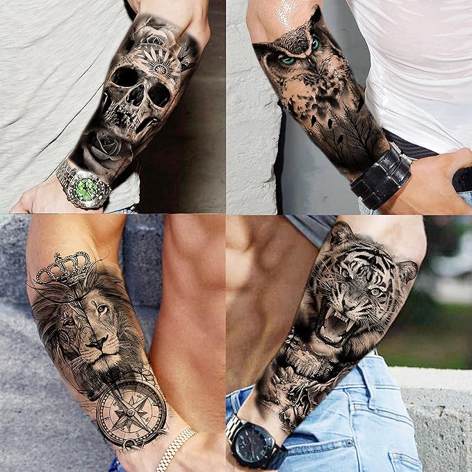 65 Sheets FANRUI Black Tiger Lion Temporary Tattoos For Men Women Arm Sleeve, Waterproof Tattoo Stickers Adults Snake Wolf Rose Flower Compass, 3D Skull Owl Fake Tattoos That Look Real And Last Long