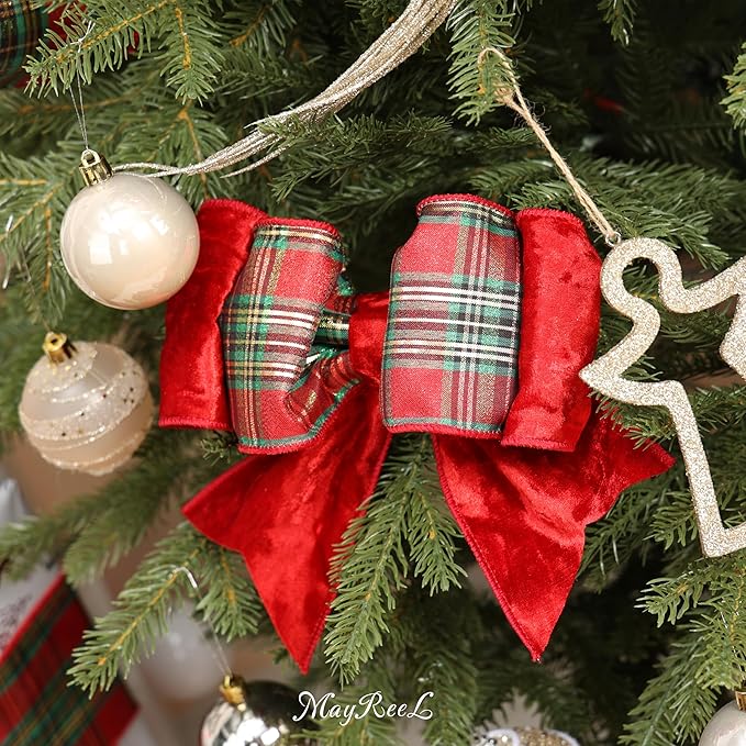 MAYREEL Red Crushed Velvet Wired Ribbon 4 Inch Thick Luxurious Reversible Tartan Christmas Ribbon with Plaid Back for Tree Decorations, Garlands, Wreaths, Gift Wrapping and Holiday Crafts - 10 Yards