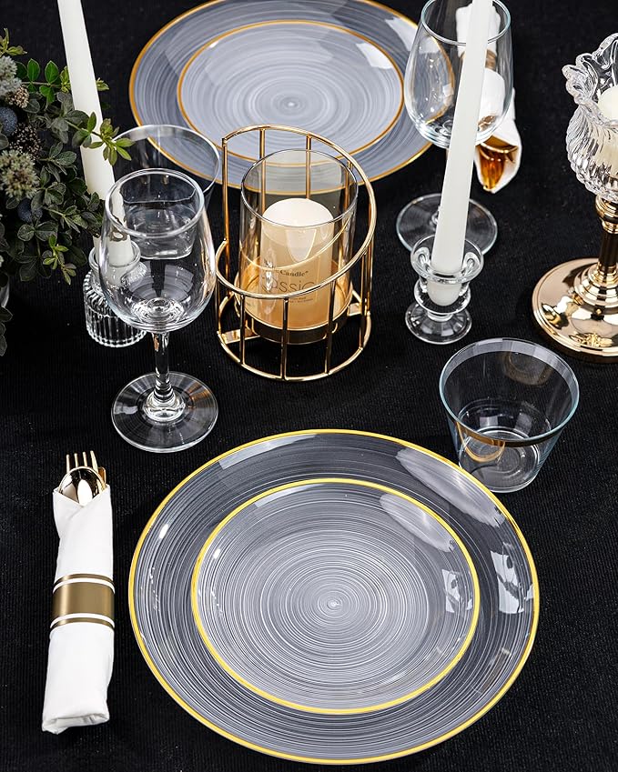 Morejoy 350PCS Clear Gold Plastic Plates - Disposable Gold Party Plates & Pre Rolled Napkins with Cutlery for 50 Guests, 100Plates, 150Silverware, 50Cups, 50Napkin for Party & Thanksgiving