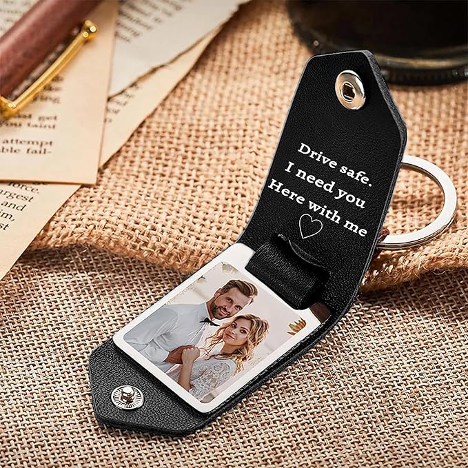 Personalized Photo/Text Leather Keychain for Men Womens Custom Picture Key Chains Memorial Gifts for Family Lover