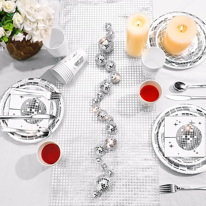 121 Pcs 70s 80s Disco Ball Christmas Party Decorations Disposable Paper Plates Napkins Cups Bachelorette Silver Balls Tableware Set for Wedding Cocktail Birthday Dancing Queen Party(Silver)